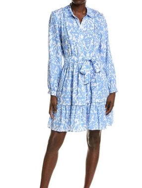 NWT Ellen Tracy Sky Blue Printed Long-Sleeve Shirt Dress with Tie Waist